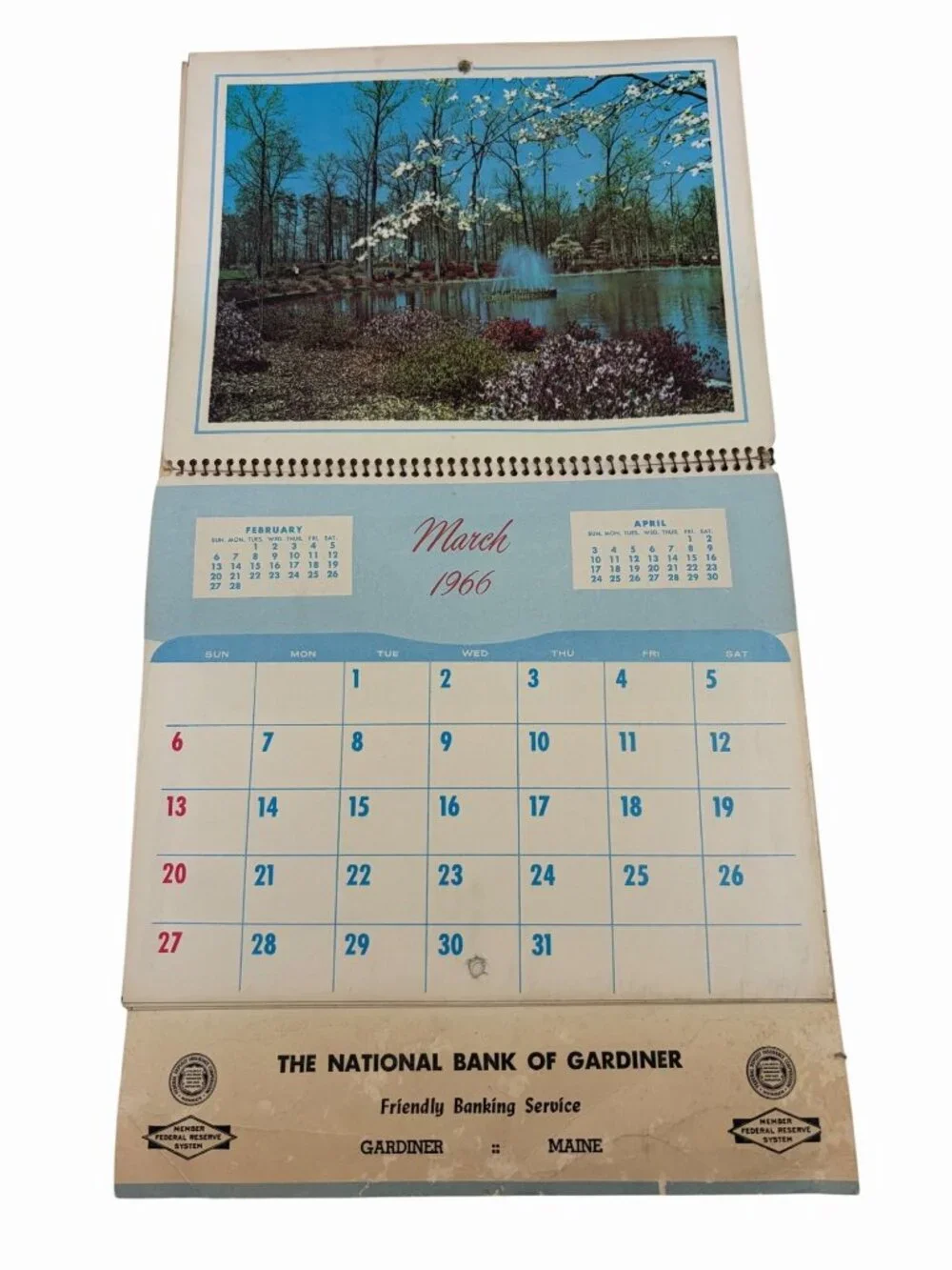 1966 National Bank Of Gardiner Maine Advertising Wall Calendar Scenic Art Decor